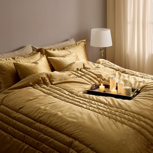 MUSSEL Bedding Comforter Set Queen Size 3 Pieces-Luxury Shiny Gold Striped Lightweight Bedroom Comforter Queen Size,Soft Velvet Bed Set with 2 Shams - Image 3
