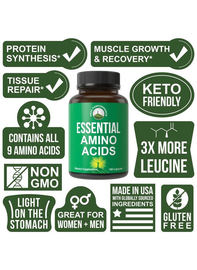 Peak Performance All 9 Essential Amino Acids Supplement. Capsules With 3x More Leucine For Muscle Recovery, Growth. EAA Supplement Better Than BCAA / BCAAS Branched Chain Aminos Acid. USA Tested EAAs Men + Women  - Image 3