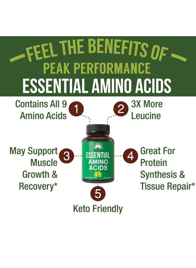 Peak Performance All 9 Essential Amino Acids Supplement. Capsules With 3x More Leucine For Muscle Recovery, Growth. EAA Supplement Better Than BCAA / BCAAS Branched Chain Aminos Acid. USA Tested EAAs Men + Women  - Image 2