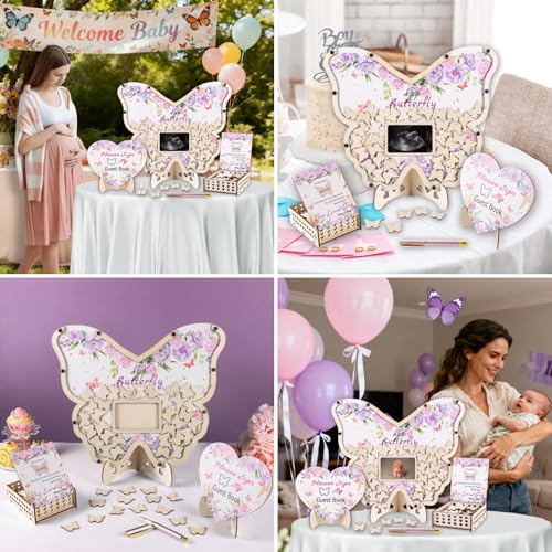 RANERVZ 66pcs Butterfly Baby Shower Guest Book Alternative Wooden Guest Sign in Butterfly with Sonogram Photo Frame Butterfly Floral Guestbook Pregancy Keepsake Gender Reveal 1st Birthday Party Decorations - Image 3