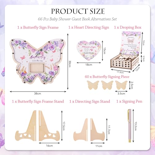RANERVZ 66pcs Butterfly Baby Shower Guest Book Alternative Wooden Guest Sign in Butterfly with Sonogram Photo Frame Butterfly Floral Guestbook Pregancy Keepsake Gender Reveal 1st Birthday Party Decorations - Image 2