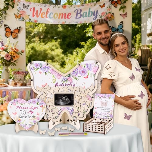 RANERVZ 66pcs Butterfly Baby Shower Guest Book Alternative Wooden Guest Sign in Butterfly with Sonogram Photo Frame Butterfly Floral Guestbook Pregancy Keepsake Gender Reveal 1st Birthday Party Decorations - Image 4