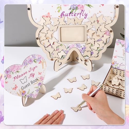 RANERVZ 66pcs Butterfly Baby Shower Guest Book Alternative Wooden Guest Sign in Butterfly with Sonogram Photo Frame Butterfly Floral Guestbook Pregancy Keepsake Gender Reveal 1st Birthday Party Decorations - Image 5