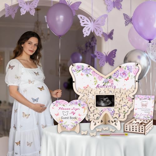 RANERVZ 66pcs Butterfly Baby Shower Guest Book Alternative Wooden Guest Sign in Butterfly with Sonogram Photo Frame Butterfly Floral Guestbook Pregancy Keepsake Gender Reveal 1st Birthday Party Decorations - Image 1