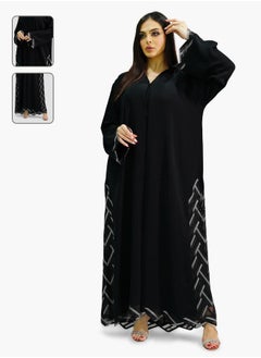Women’s Black Open Abaya in Beautiful Aisha Side Lace Design with Jet Black Stone