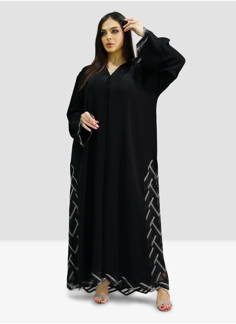Generic - Women’s Black Open Abaya in Beautiful Aisha Side Lace Design with Jet Black Stone - Image 1