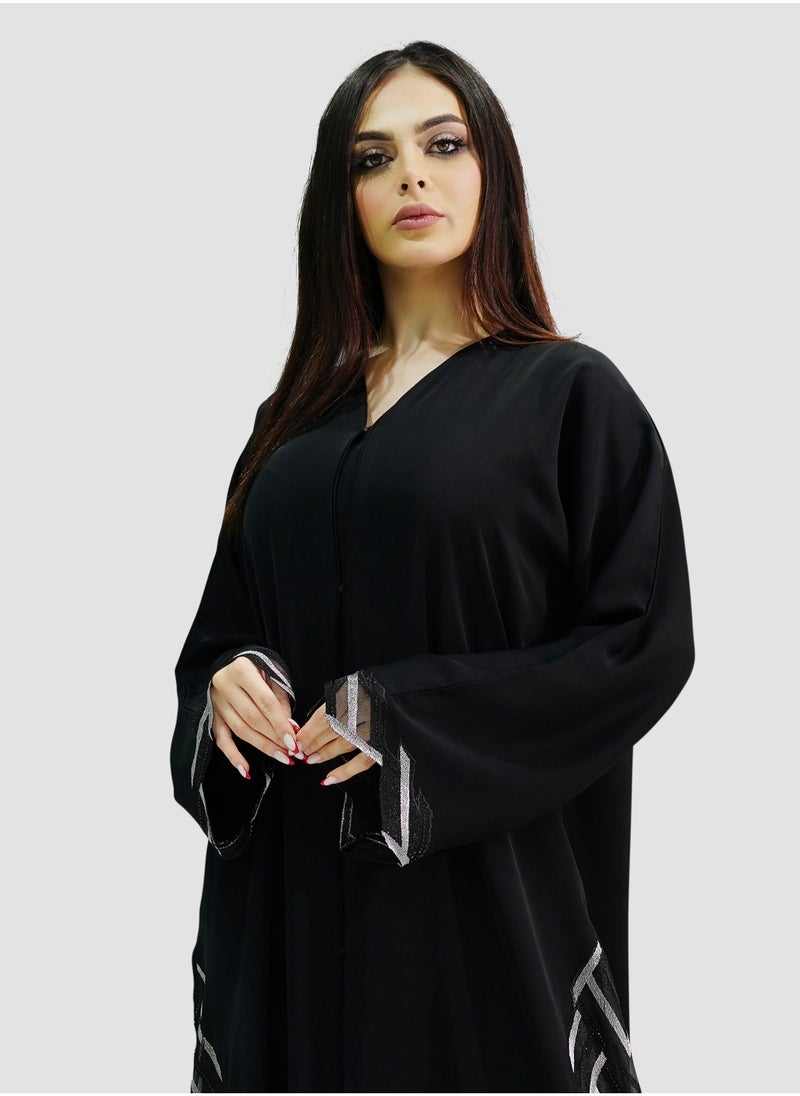 Generic - Women’s Black Open Abaya in Beautiful Aisha Side Lace Design with Jet Black Stone - Image 1