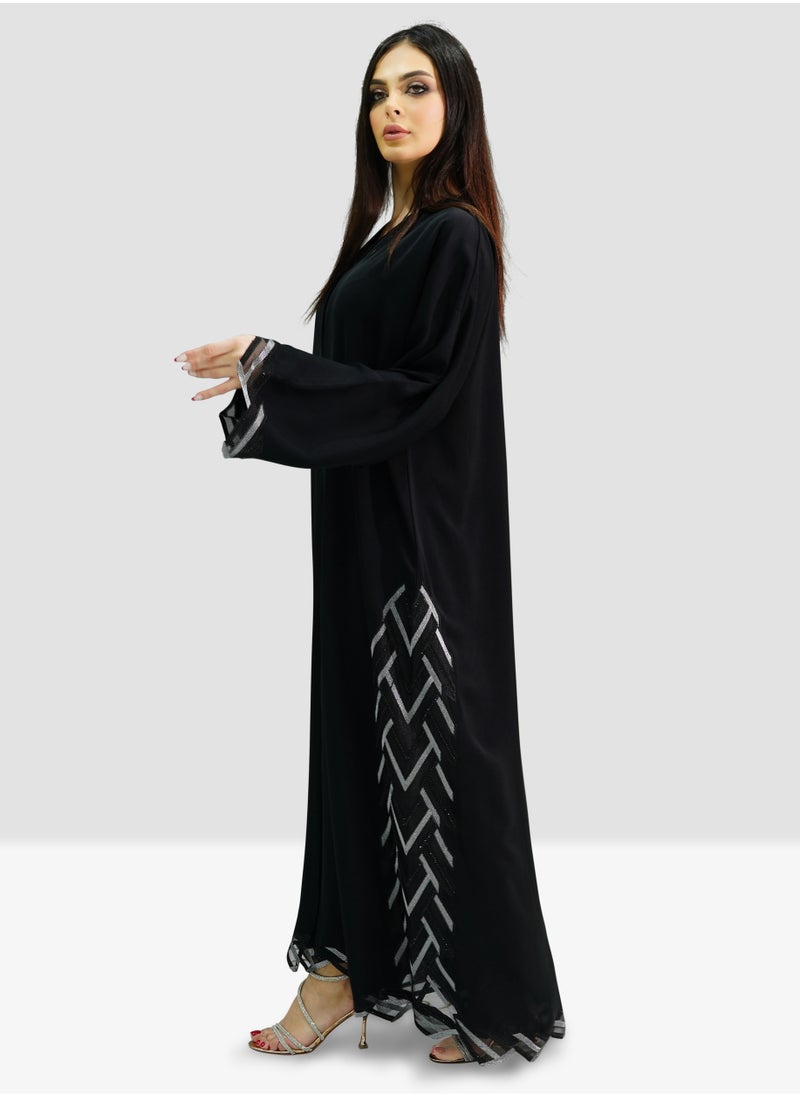Generic - Women’s Black Open Abaya in Beautiful Aisha Side Lace Design with Jet Black Stone - Image 1