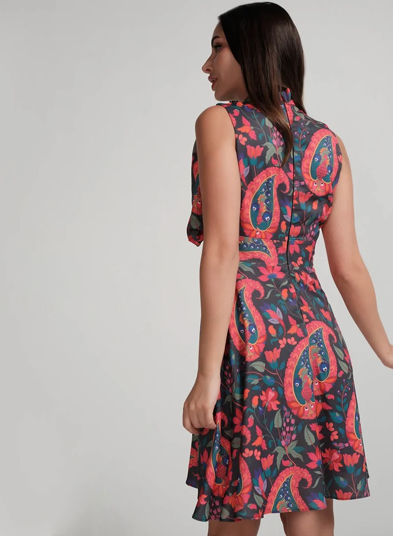Zigzag Floral Tie-Neck Dress