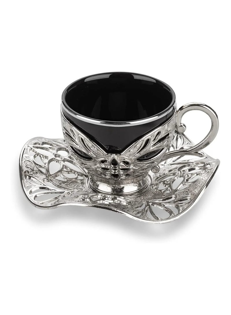 أكار طقم قهوة تركية فاخر من 6 فناجين مع حوامل وصحون بالتراث العثماني الأنيق باللون الأسود والفضي – صناعة تركية - Image 2
