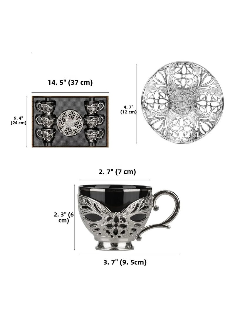 أكار طقم قهوة تركية فاخر من 6 فناجين مع حوامل وصحون بالتراث العثماني الأنيق باللون الأسود والفضي – صناعة تركية - Image 4