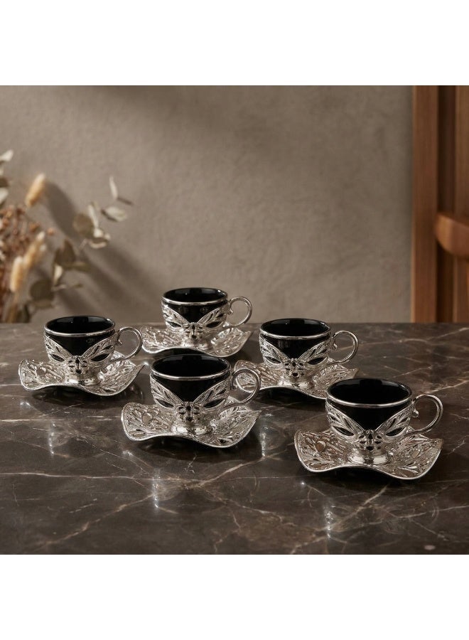 Acar Luxury Turkish Coffee Set of 6 Cups with Holders and Saucers in Elegant Ottoman Style in Black & Silver – Made in Turkey - Image 1