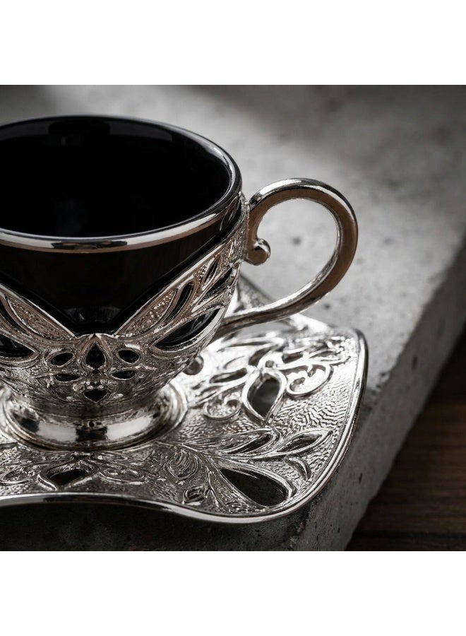 Acar Luxury Turkish Coffee Set of 6 Cups with Holders and Saucers in Elegant Ottoman Style in Black & Silver – Made in Turkey - Image 2