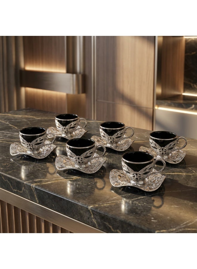 Acar Luxury Turkish Coffee Set of 6 Cups with Holders and Saucers in Elegant Ottoman Style in Black & Silver – Made in Turkey - Image 4