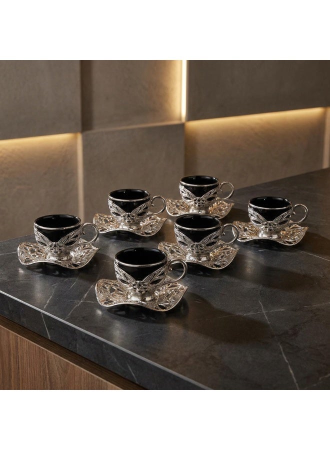 Acar Luxury Turkish Coffee Set of 6 Cups with Holders and Saucers in Elegant Ottoman Style in Black & Silver – Made in Turkey - Image 3