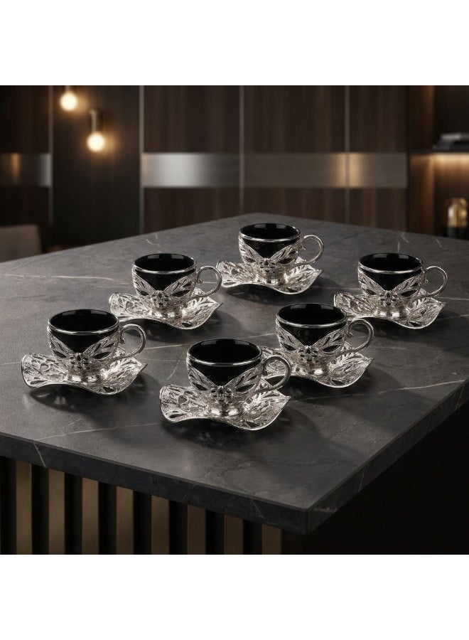Acar Luxury Turkish Coffee Set of 6 Cups with Holders and Saucers in Elegant Ottoman Style in Black & Silver – Made in Turkey - Image 5