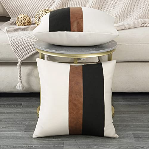 Merrycolor Faux Leather and Linen Throw Pillow Covers Black and White Pillows Decorative Throw Pillows Covers Brown Square Modern Farmhouse Accent Pillow Case 18 x 18 Inch (Black and White) - Image 3