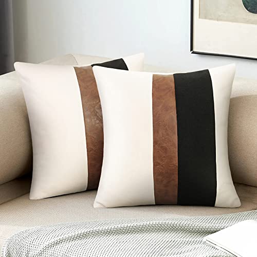 Merrycolor Faux Leather and Linen Throw Pillow Covers Black and White Pillows Decorative Throw Pillows Covers Brown Square Modern Farmhouse Accent Pillow Case 18 x 18 Inch (Black and White) - Image 1