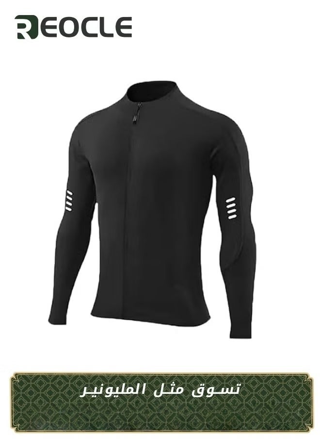 ريوكل قمصان رجالي مضغوطة بأكمام طويلة وقمصان واقية من الشمس وقميص للجري وطبقة أساسية جافة وباردة وملابس لياقة بدنية رياضية باللون أسود - Image 1