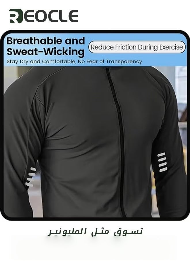 ريوكل قمصان رجالي مضغوطة بأكمام طويلة وقمصان واقية من الشمس وقميص للجري وطبقة أساسية جافة وباردة وملابس لياقة بدنية رياضية باللون أسود - Image 2
