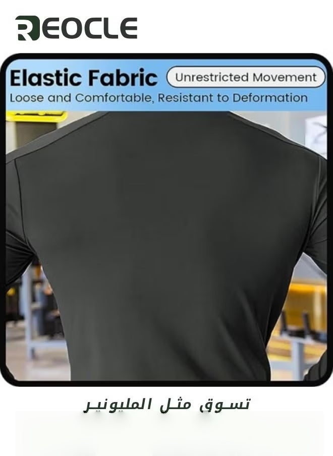 ريوكل قمصان رجالي مضغوطة بأكمام طويلة وقمصان واقية من الشمس وقميص للجري وطبقة أساسية جافة وباردة وملابس لياقة بدنية رياضية باللون أسود - Image 3