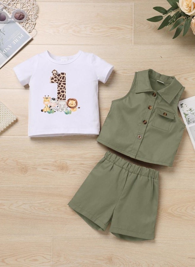 OBEEII Toddler Baby Boys Safari First Birthday Outfit Jungle Animal Short Sleeve T-shirt Top+Shorts+Vest+Hat 4PCS Set, Army Green, 12-18 Months - Image 4