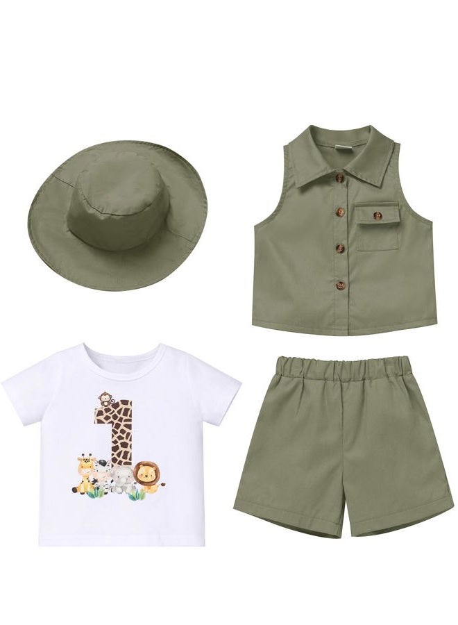 OBEEII Toddler Baby Boys Safari First Birthday Outfit Jungle Animal Short Sleeve T-shirt Top+Shorts+Vest+Hat 4PCS Set, Army Green, 12-18 Months - Image 1