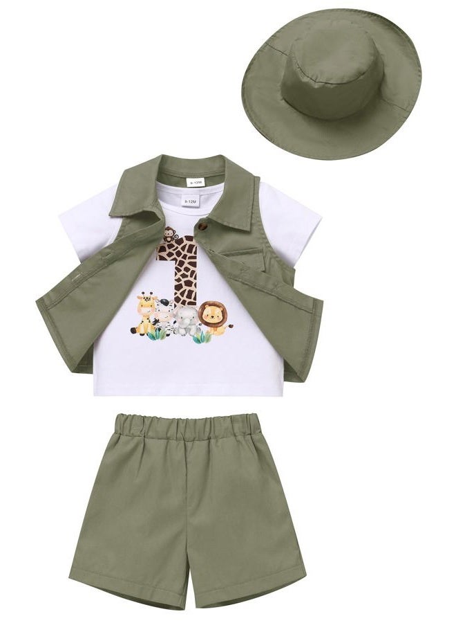 OBEEII Toddler Baby Boys Safari First Birthday Outfit Jungle Animal Short Sleeve T-shirt Top+Shorts+Vest+Hat 4PCS Set, Army Green, 12-18 Months - Image 3