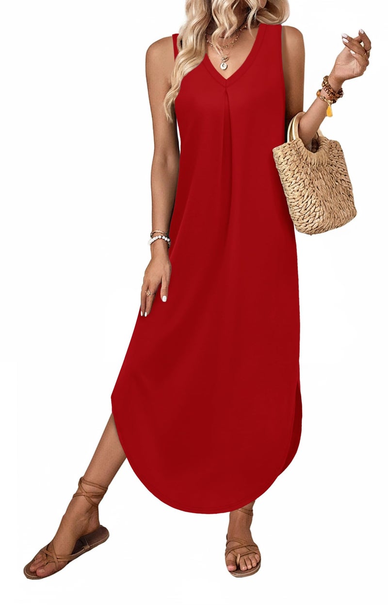 OFEEFAN Red Maxi Dresses for Women 2026 Casual V Neck Sleeveless Spring Dress Sundresses with Pockets Valentines Dress for Her A-Red L - Image 3