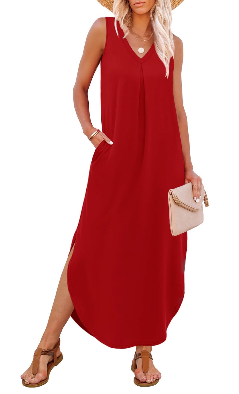 OFEEFAN Red Maxi Dresses for Women 2026 Casual V Neck Sleeveless Spring Dress Sundresses with Pockets Valentines Dress for Her A-Red L - Image 2