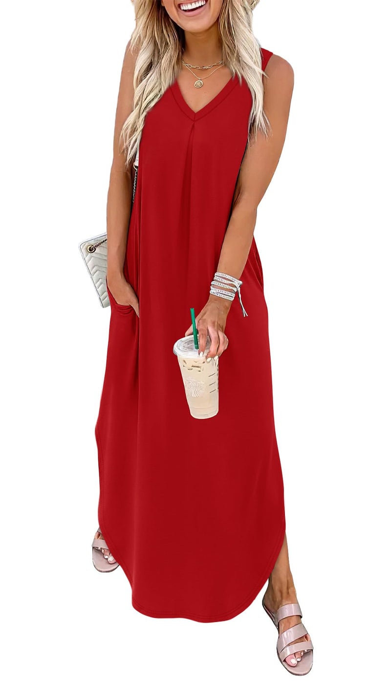 OFEEFAN Red Maxi Dresses for Women 2026 Casual V Neck Sleeveless Spring Dress Sundresses with Pockets Valentines Dress for Her A-Red L - Image 1