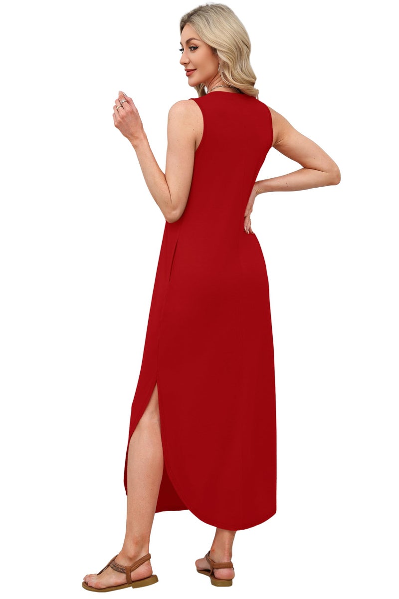 OFEEFAN Red Maxi Dresses for Women 2026 Casual V Neck Sleeveless Spring Dress Sundresses with Pockets Valentines Dress for Her A-Red L - Image 5