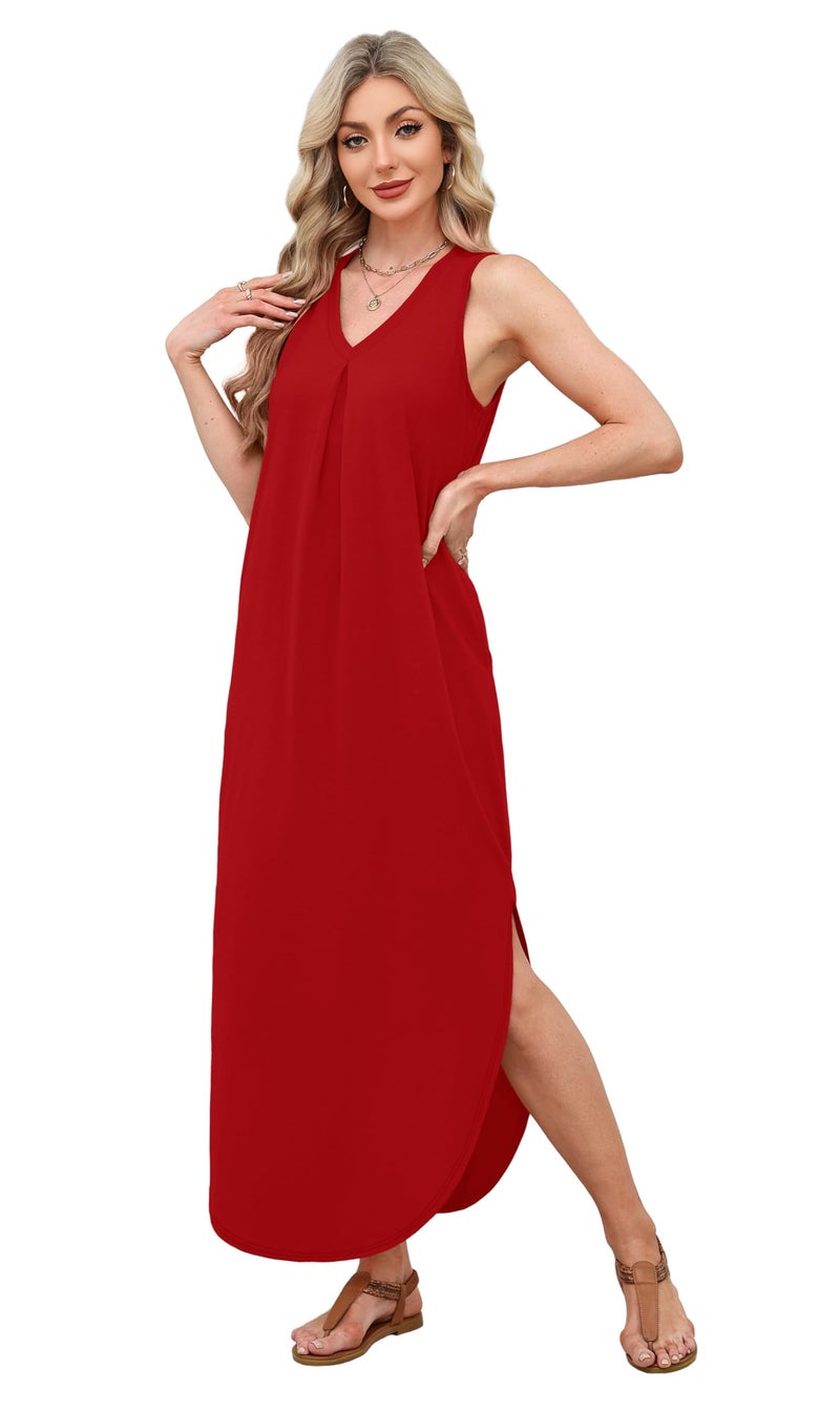 OFEEFAN Red Maxi Dresses for Women 2026 Casual V Neck Sleeveless Spring Dress Sundresses with Pockets Valentines Dress for Her A-Red L - Image 4