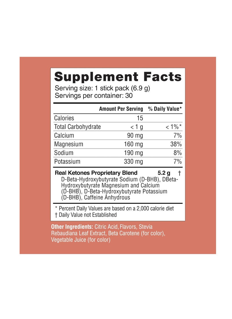 Real Ketones - BHB Exogenous Ketones Drink Mix Packets Keto Electrolytes Powder Packets No Sugar with 4 Main Fasting Electrolytes Plus Hydrating Patented Keto BHB - 30 Count Peach Caffeine - Image 1