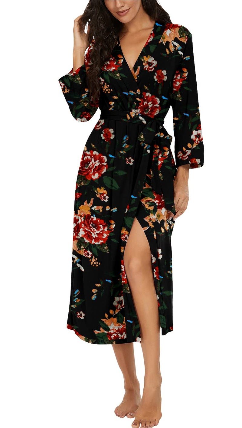 VINTATRE Women Kimono Robes Long Knit Bathrobe Lightweight Soft Knit Sleepwear V-neck Casual Ladies Loungewear FP-Brown Black-XX-Large - Image 1