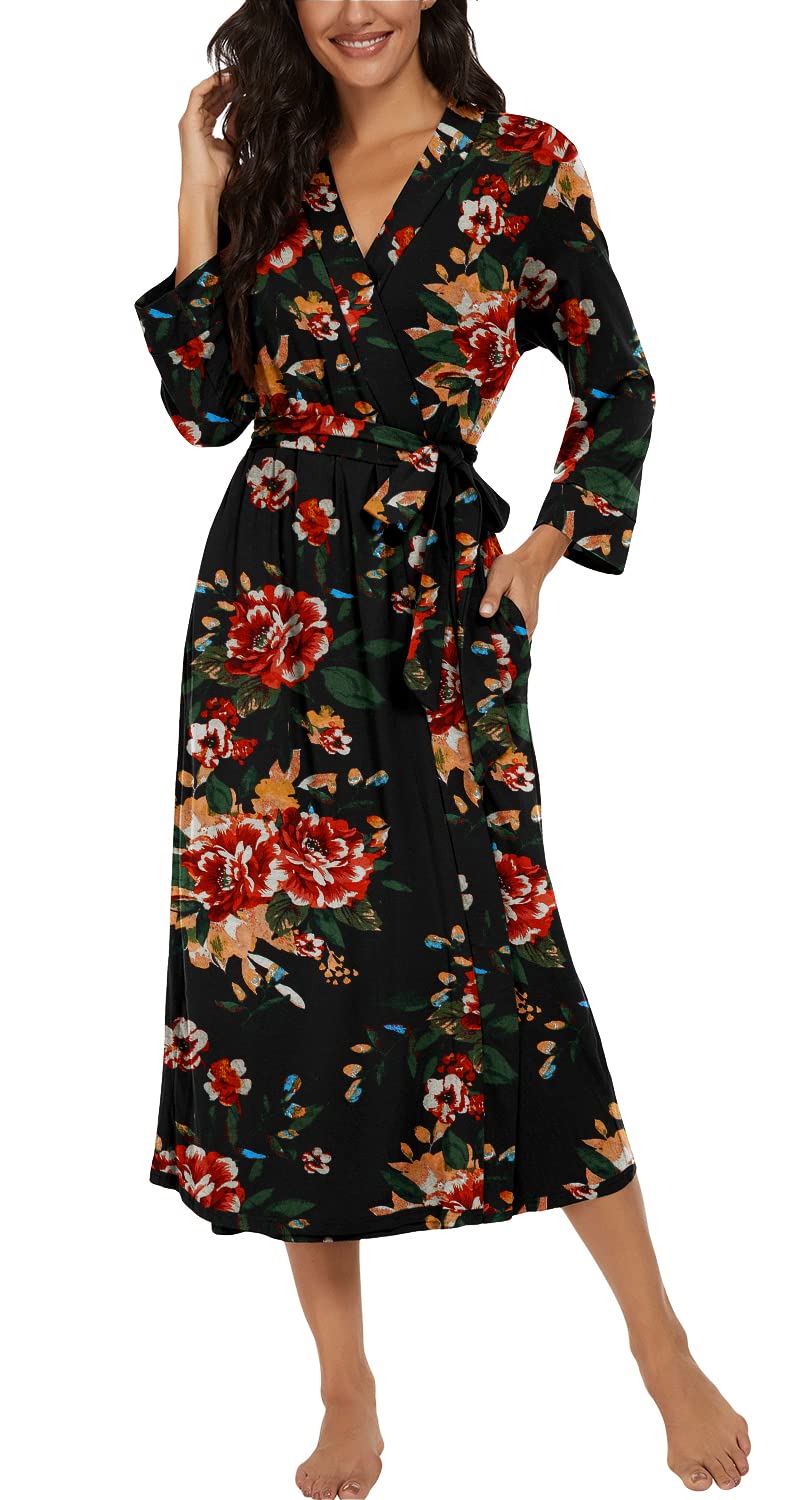 VINTATRE Women Kimono Robes Long Knit Bathrobe Lightweight Soft Knit Sleepwear V-neck Casual Ladies Loungewear FP-Brown Black-XX-Large - Image 3