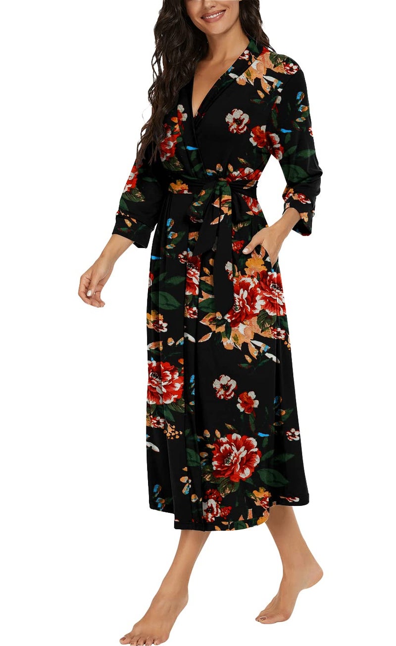 VINTATRE Women Kimono Robes Long Knit Bathrobe Lightweight Soft Knit Sleepwear V-neck Casual Ladies Loungewear FP-Brown Black-XX-Large - Image 2