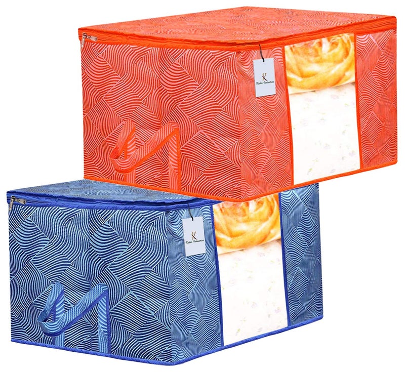 Kuber Industries Leheriya Printed 2 Piece Non Woven Fabric Underbed Storage BagCloth OrganiserBlanket Cover with Transparent Window Orange Blue CTKTC041069 - Image 1