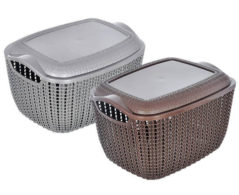 Kuber Industries Heart Home Multiuses Small M 25 Plastic BasketOrganizer With Lid Pack of 2 Grey Brown 46HH045  - Image 1
