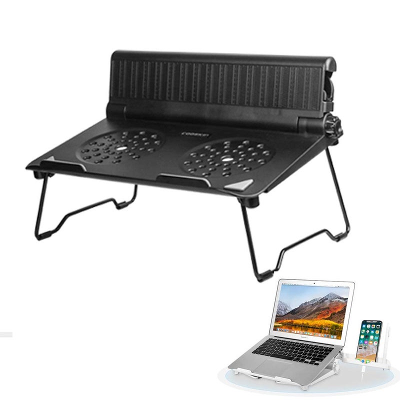 COOSKIN ABS Laptop Stand Desk with Phone Stand Holder Foldable & Portable Riser Compatible 13-17 inch Notebook Base Holder (Black) - Image 1