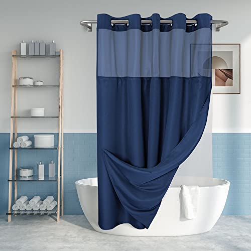 River Dream No Hook Slub Textured Shower Curtain with PEVA Liner Set - 71" x 74"(72"), Hotel Style with See Through Top Window, Machine Washable & Water Repellent Fabric, Navy Blue, 71x74 - Image 1