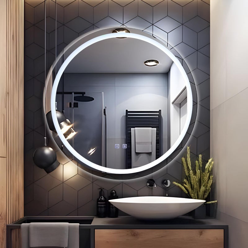 Vipush 28 Inch Round Bathroom Mirror, LED Dimmable Wall-Mounted Vanity Mirror Intelligent Anti-Fog Makeup Mirror Non-Polar Color Wall Hanging Mirror Bathroom with Light de-Fog Mirror - Image 1