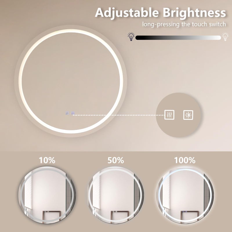 Vipush 28 Inch Round Bathroom Mirror, LED Dimmable Wall-Mounted Vanity Mirror Intelligent Anti-Fog Makeup Mirror Non-Polar Color Wall Hanging Mirror Bathroom with Light de-Fog Mirror - Image 5
