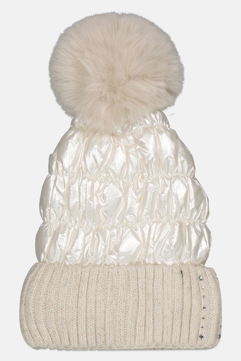 Justin Gregory Women Pom Pom Puffer Beanie, Ivory  - Image 2