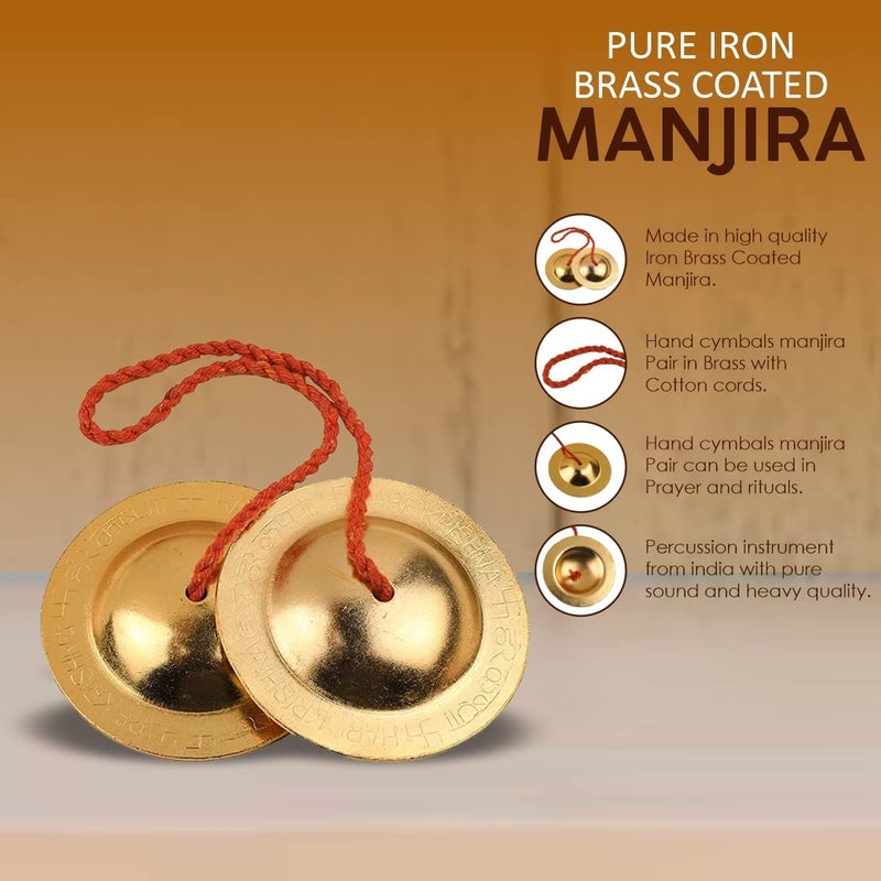 DOKCHAN Pure Iron Brass Plated Manjira Pack of 02 Handmade Instrument for Bhajan (8.5CM) - Image 2
