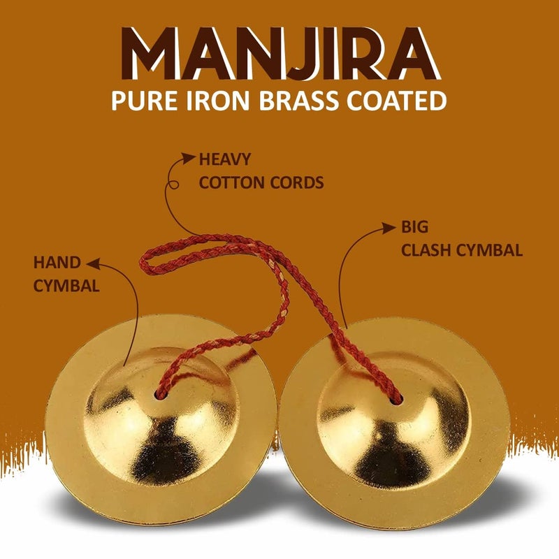 DOKCHAN Pure Iron Brass Plated Manjira Pack of 02 Handmade Instrument for Bhajan (8.5CM) - Image 3