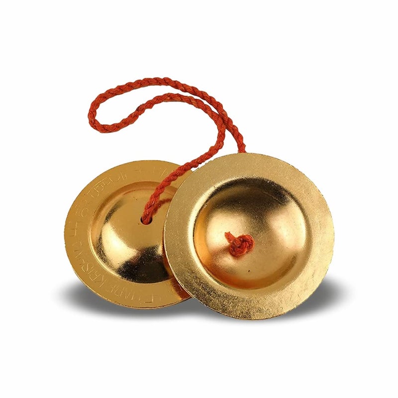 DOKCHAN Pure Iron Brass Plated Manjira Pack of 02 Handmade Instrument for Bhajan (8.5CM) - Image 1