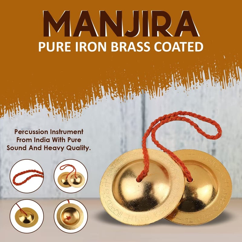 DOKCHAN Pure Iron Brass Plated Manjira Pack of 02 Handmade Instrument for Bhajan (8.5CM) - Image 4