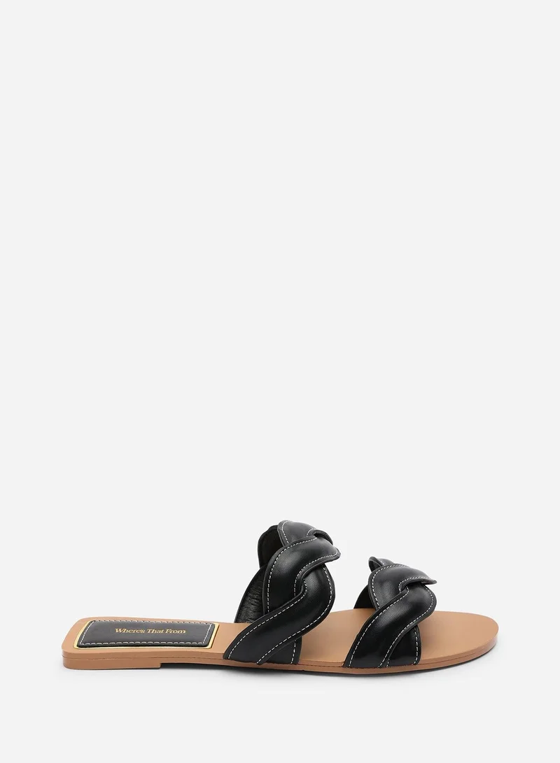 Where's That From Julietta Two Strap Braided Black Slip on Sandals with Contrast Stitching