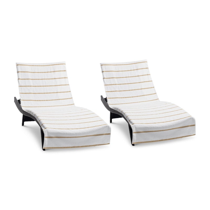 Arkwright, LLC Arkwright Las Rayas Chaise Lounge Cover - Pack of 2 - Terry Towel 100% Striped Soft Cotton with Pocket Holder for Beach Pool Outdoor Chair, 30 x 85 in, Beige - Image 1